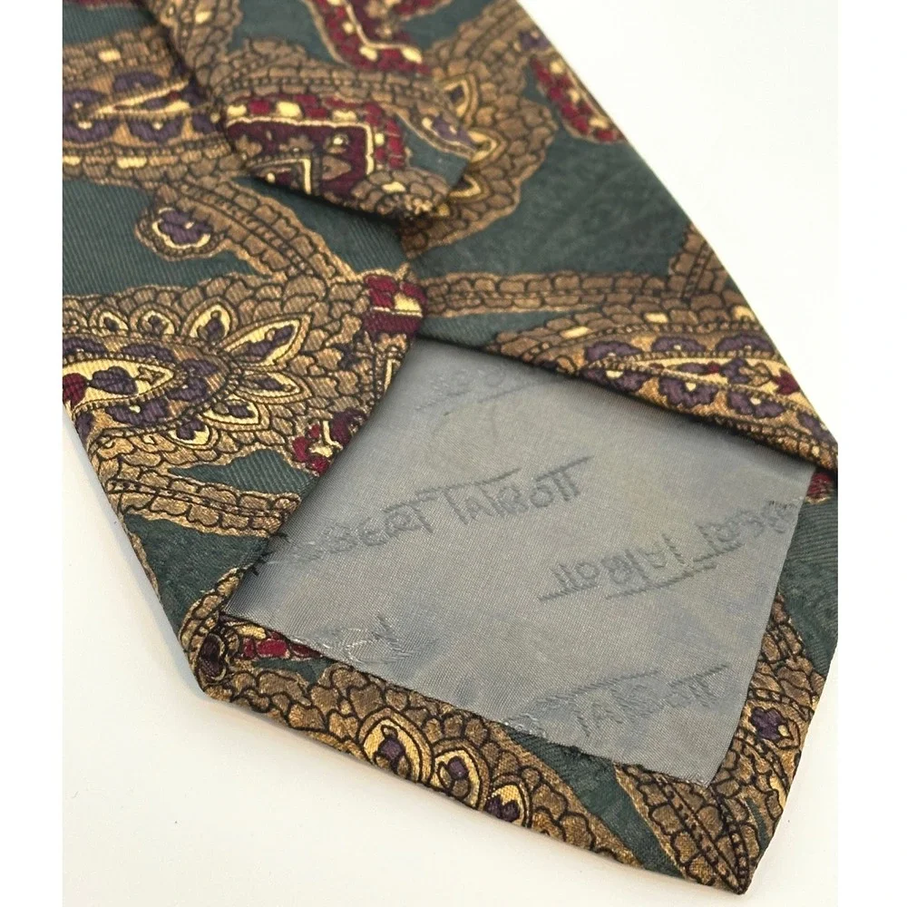 Robert Talbott Carmel Necktie Paisley Square Olive Green Burgundy‎ Silk Tie